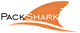 The PackShark logo, featuring the brand name 'PACKSHARK' in black and white text overlaid on an orange shark fin and wave graphic, set against a plain white background.